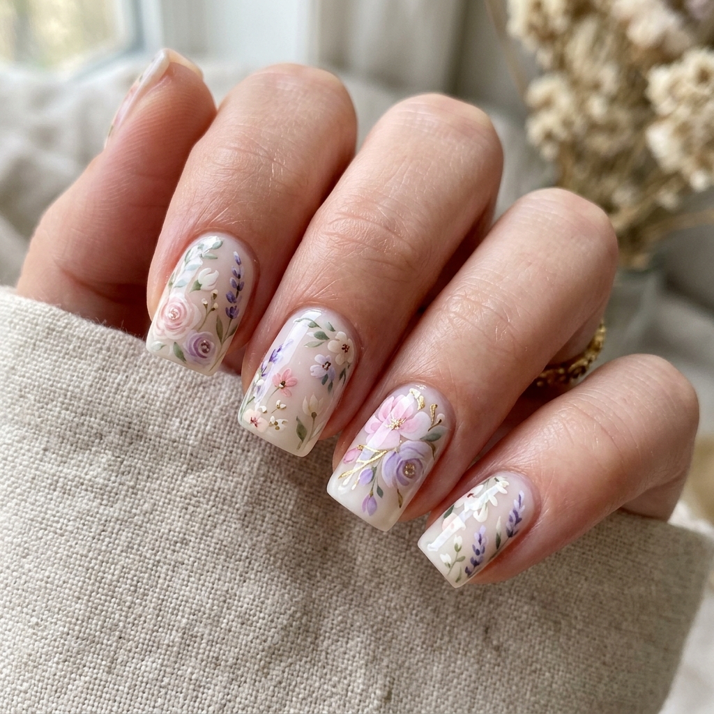 Intricate floral nail art with pastel palette