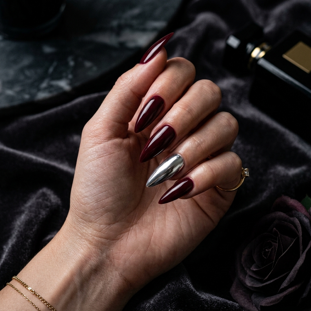 Deep burgundy gel nails with chrome foil accent