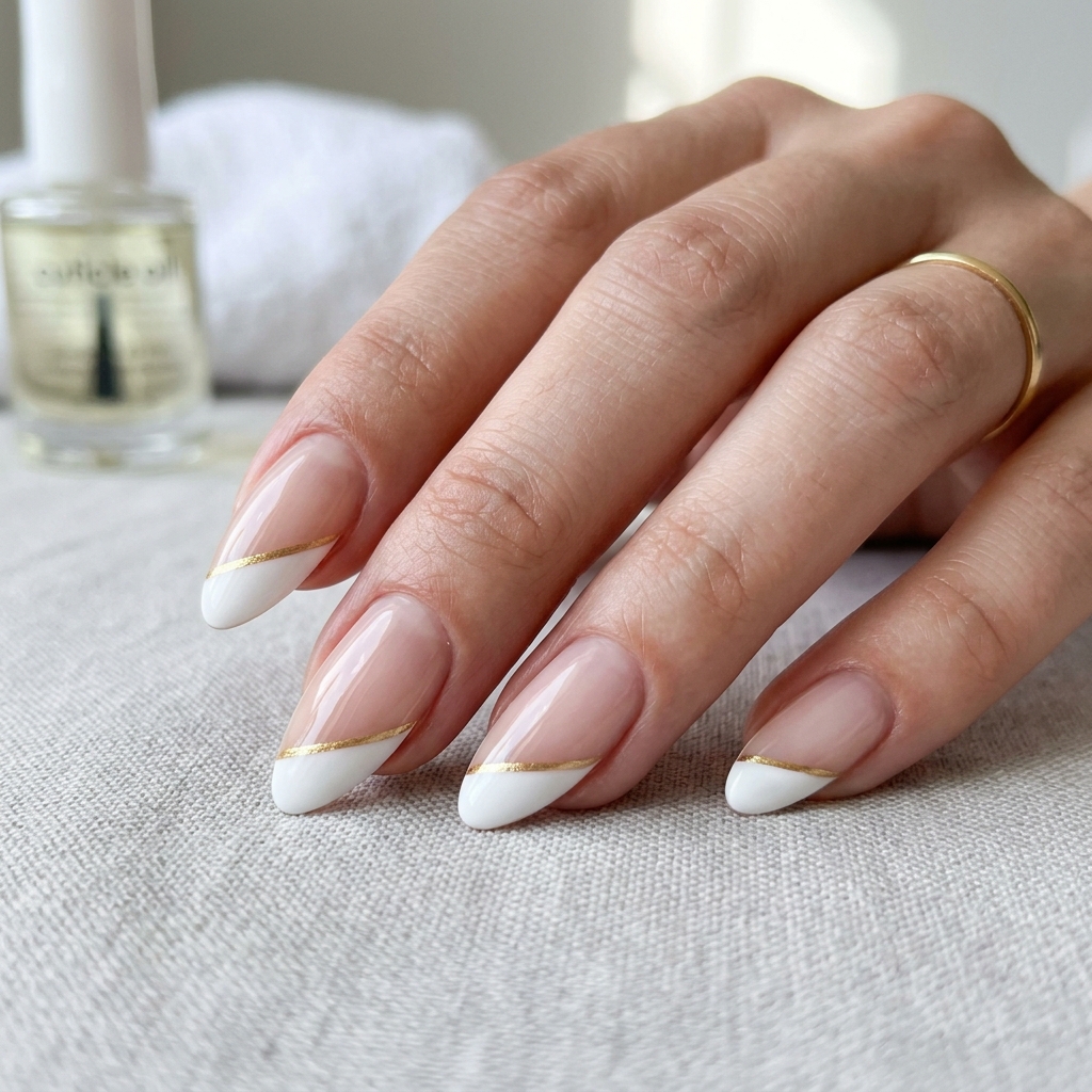 Modern French tip manicure with a geometric twist
