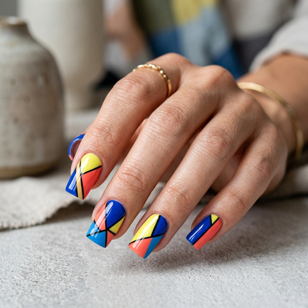 Colorful abstract nail art with bold geometric patterns
