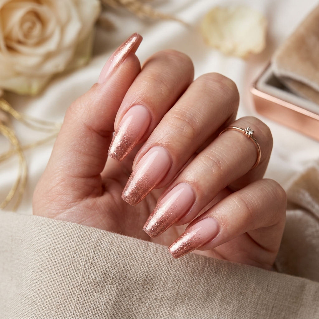 Soft ombre nail design in blush and rose gold
